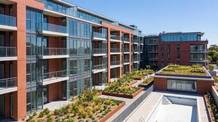 Modern residential building with green roof and empty swimming pool. Contemporary apartment complex design with sustainable architecture concept.