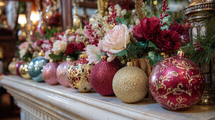 A festive mantelpiece adorned with a collection of colorful ornaments, delicate flowers and greenery, creating a joyful holiday ambiance.