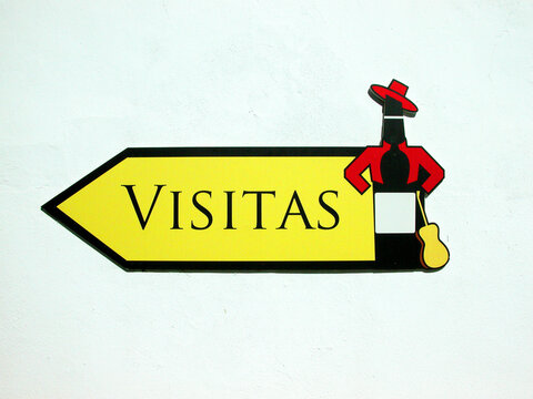 Tourist Visit Sign (Visitas). Gonz&aacute;lez Byass Tio Pepe Winery in Jerez de la Frontera, province of C&aacute;diz, Andalusia, Spain. Sherry wines.