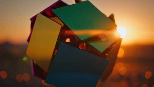 A colorful geometric sculpture hangs in the foreground, reflecting warm sunlight from the sunset. The vibrant hues of the sculpture contrast beautifully with the soft background colors of the sunset.
