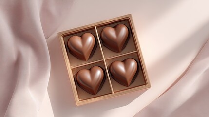 Obraz premium Elegant heart-shaped chocolate confectionery in a refined wooden box on a soft pink fabric background, ideal for gifts and romantic occasions.