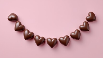 Obraz premium Delightful Dark Chocolate Hearts Arranged on a Soft Pink Surface for Celebratory and Romantic Occasions, Perfect for Gifts and Sweet Treats