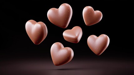 Fototapeta premium Floating Chocolate Hearts in Dark Background Perfect for Valentine's Day, Sweet Treats, Romantic Gifts, or Dessert Theme Designs and Promotions