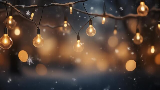 A serene winter scene with glowing string lights hanging from bare branches, softly illuminated against a blurred snowy background.