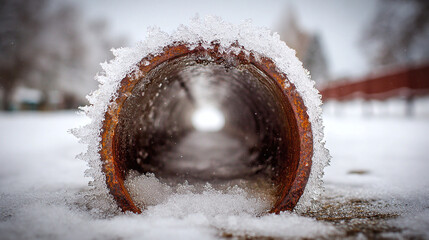 A rusty pipe covered in ice and snow sits on a snowy ground. The pipe creates a tunnel-like effect with a light source at the end.