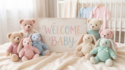 Pastel colored stuffed animals and rabbits with a welcome baby sign, ideal for nursery decor or baby shower invitation.