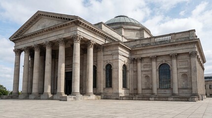 Close view of historic building facade with large columns and dome. Neoclassical architecture concept for government, courthouse, bank.