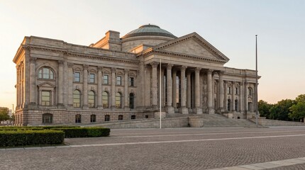 Majestic stone government building with grand columns and dome. Classic neoclassical architecture. Symbol of power and justice.