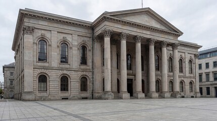 Historic neoclassical stone building with large columns and arched windows. Classical architecture for government, court, or university concept.