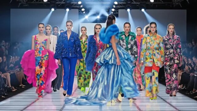 Diverse female models confidently walking bright fashion runway