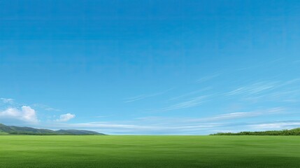 Vast Green Meadow Under Clear Blue Sky with Soft White Clouds and Distant Hills in a Peaceful Natural Landscape Ideal for Outdoor Themes