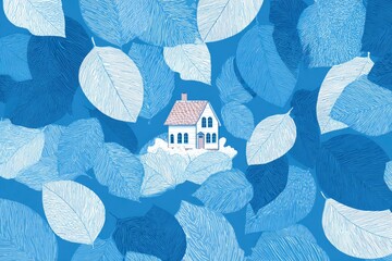 Illustration of a small building surrounded by blue leaves.