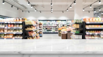 Empty white marble table top with blurred supermarket aisle in the background. Retail store counter with grocery shelves for product display.