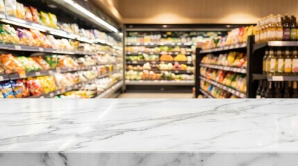 Empty white marble stone table top and blurred supermarket aisle background perspective view. Food store interior backdrop with product display copy space.