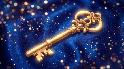 Golden fantasy key resting on a shimmering royal blue fabric with sparkling bokeh. Concept of unlocking mysteries, success, or exclusive access.