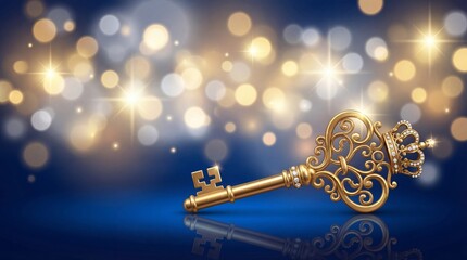 Golden vintage key with crown and diamond details lying on a glossy blue surface with bokeh background. Success, solution, luxury concept.