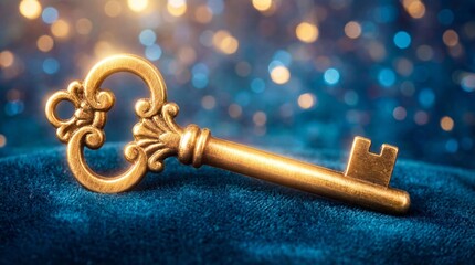 Ornate golden antique key on blue velvet with bokeh background. Metaphor for solution, success, secret, and unlocking potential.