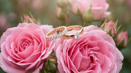 Gold wedding rings with diamonds on a pink rose. Engagement and marriage proposal concept. Symbol of eternal love and commitment for Valentines Day.
