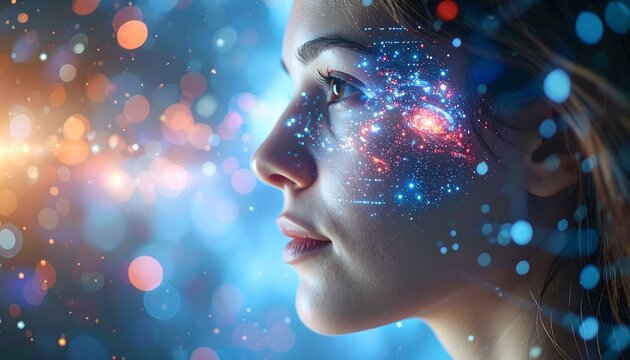 Woman with digital interface overlay, futuristic technology concept. - Powered by Adobe