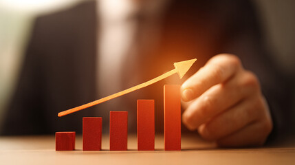 Business growth represented by rising bar chart, supported by a hand, symbolizing success and progress in a visual, dynamic representation.