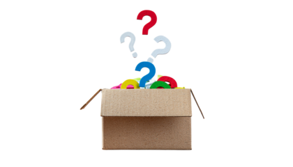 Cardboard box with colorful contents and question marks floating above it on a white background object on white and png