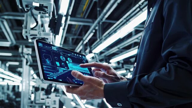 engineer controlling robotic arms in a futuristic factory using a digital tablet, smart control system dashboard,automation and robotics, modern manufacturing