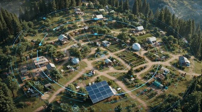 Rural off-grid community hydrogen microgrid, solar panels fields, hydrogen fuel cells generating energy, villagers lights electric equipment, cinematic aerial shots, lush natural vibrant sunlight, 4k