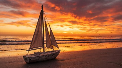 Small sailboat toy on a sandy beach at golden hour. Tranquil sunset landscape with ocean waves. Summer vacation and travel concept.