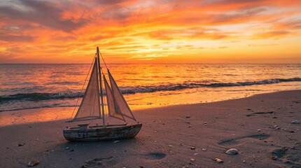 Toy sailboat on sandy ocean beach with beautiful orange sky sunset. Summer vacation travel and peaceful marine escape concept.