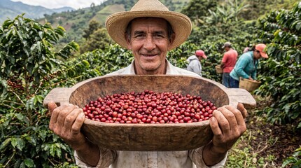 Smiling man holding a bowl full of ripe red coffee beans in a coffee plantation. Harvest process for organic coffee production. Freshly picked crop.