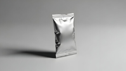A shiny silver foil pouch standing upright on a plain background