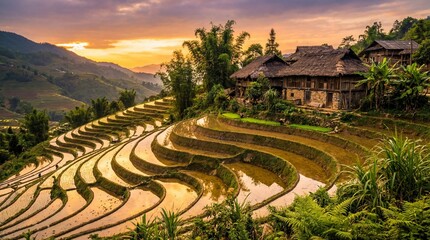 Traditional farmer village with thatched roof houses and terrace rice fields at sunrise. Agriculture landscape for travel background.