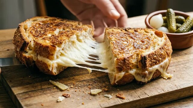 Hands slicing golden-brown grilled cheese on a wooden board, gooey cheese pull stretching, served with pickles and onions for a rustic, indulgent comfort food moment