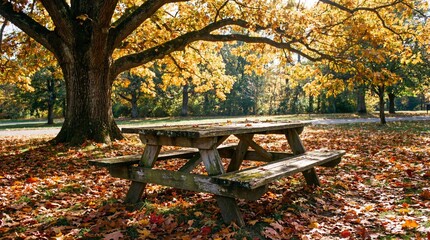 Old wooden picnic table under a large oak tree in a park covered with fallen autumn leaves. Fall season outdoors for relaxation.
