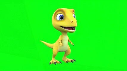 Cute 3D Baby Dinosaur Standing on Green Screen Background in Cartoon Style Animation for Kids and Educational Content