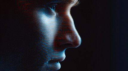 A person's face is rendered with blue digital dots, creating a futuristic and technological aesthetic against a black background.