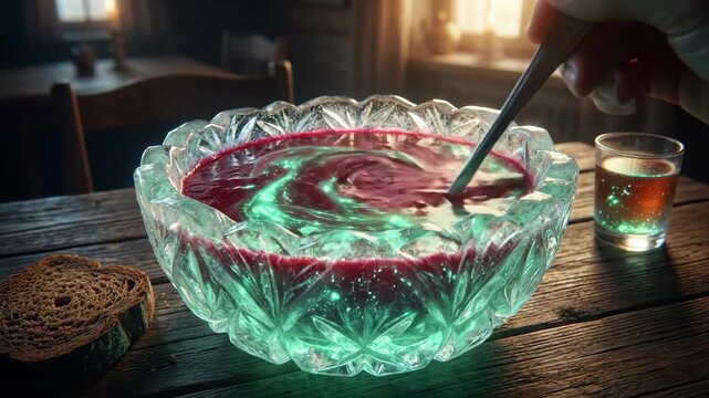 Hand stirring a vibrant red magical potion with glowing elements in a faceted crystal bowl on a dark wooden table, accompanied by a slice of bread and a mystical glowing drink