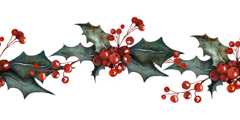 Seamless watercolor holly berry border with dark green leaves and red berries. Suitable for Christmas cards, holiday borders, winter decor, and festive designs. © _Julia_red