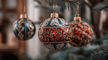 Festive trio of hanging holiday ornaments add a touch of elegance to the holiday season with their intricate details & seasonal charm.