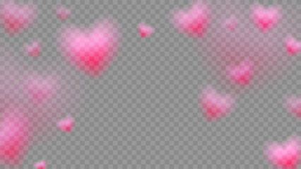Heart romantic background. Pink Valentine day card. Soft pink glowing hearts float on transparent backdrop with blurred edges and gentle light haze. Dreamy pastel vector illustration. © Mariquita vector