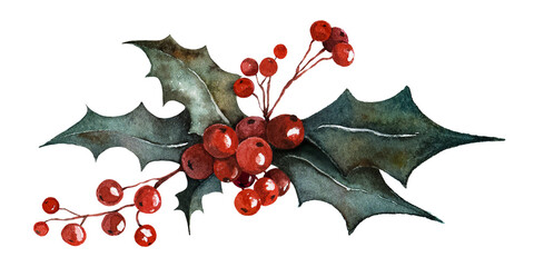 Watercolor holly berry branch with dark green leaves and red berries, on a white background. Suitable for Christmas cards, holiday decorations, winter designs, and festive stationery. © _Julia_red