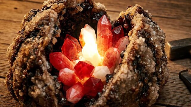 Geode showcasing vibrant red and clear crystals nestled within its rough rock cavity, resting on an old wooden table with a hammer and chisel nearby, hinting at a recent discovery
