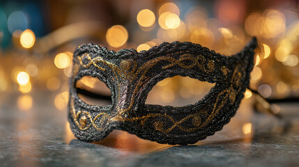 Elegant black and gold mask shimmering against bokeh lights, perfect for masquerade balls, adding mystery and allure to any special occasion.