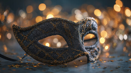 A sparkling masquerade mask on a table with star confetti, set against a dreamy background of golden bokeh lights, inviting mystery and elegance.