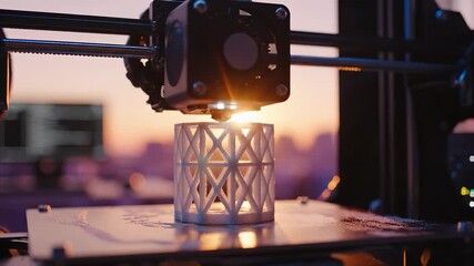 A 3D printer creates a white geometric object as the sun sets in the background, casting warm light on the scene. The intricate design of the object highlights the technology involved in 3D printing.