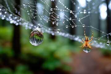 Spider and Dewdrops on a Web in the Forest
