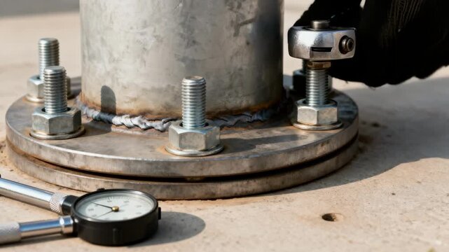 Medium shot focused on maintenance of bolted joint with tension variation highlighting inspection and torque adjustment process.