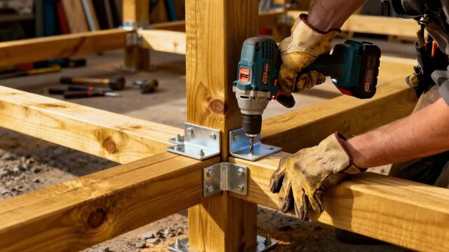 Medium shot capturing assembly of hybrid framing elements demonstrating hands securing metal brackets to robust wooden beams for architectural strength