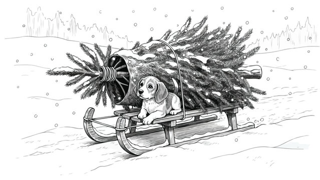 Golden retriever dog pulling a christmas tree on a sled vector sketch