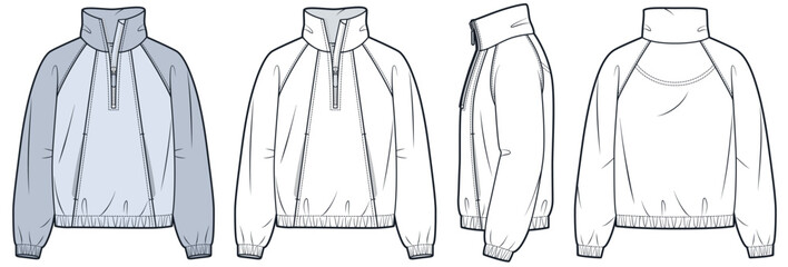 Half Zip Jacket technical fashion illustration. Raglan Sleeve Sweatshirt fashion flat technical drawing template, pockets, front, side and back view, white, blue, women, men, unisex CAD mockup. © Liubov Hladka